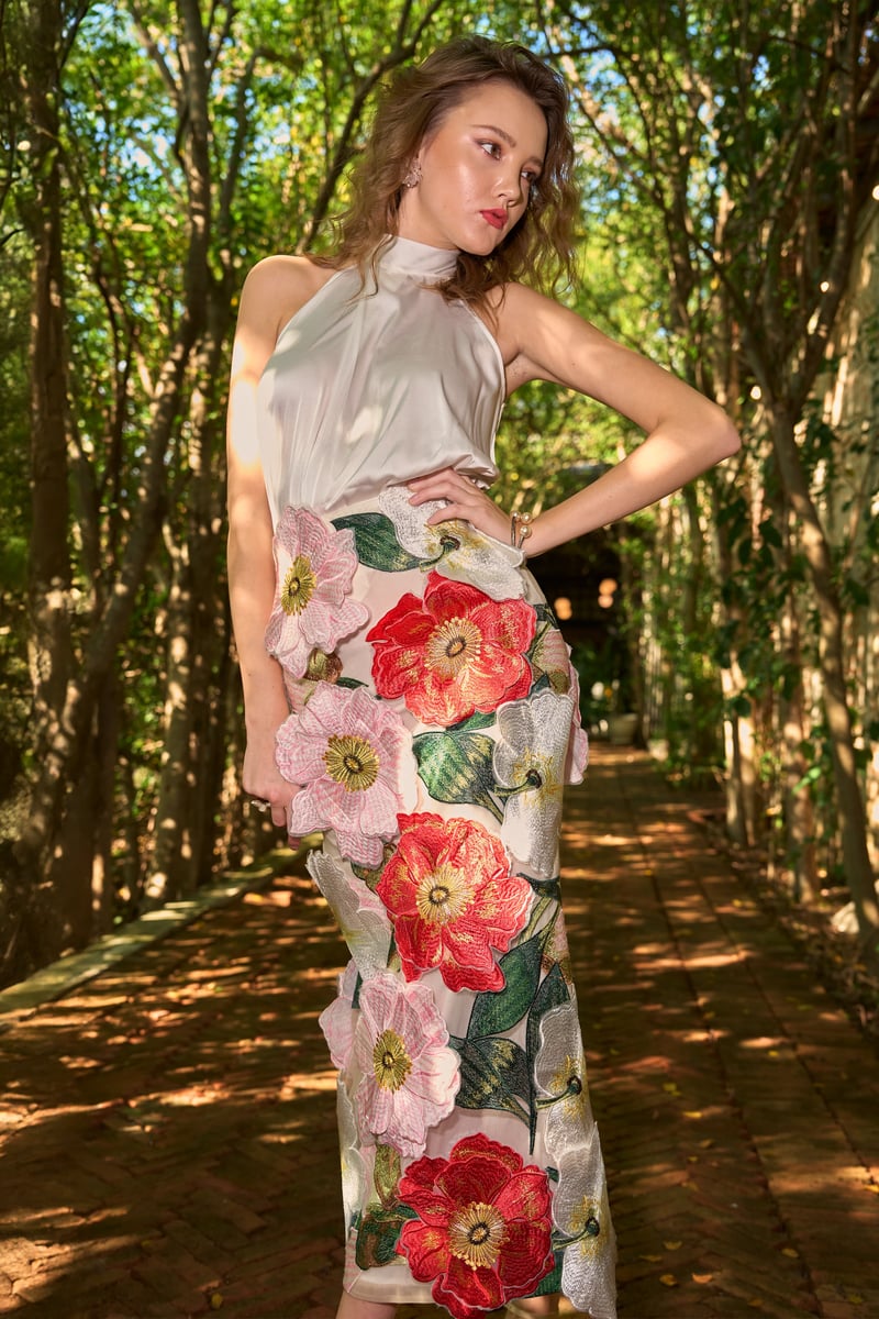 Ivory Satin Halter Neck Shirt with Pleated Front