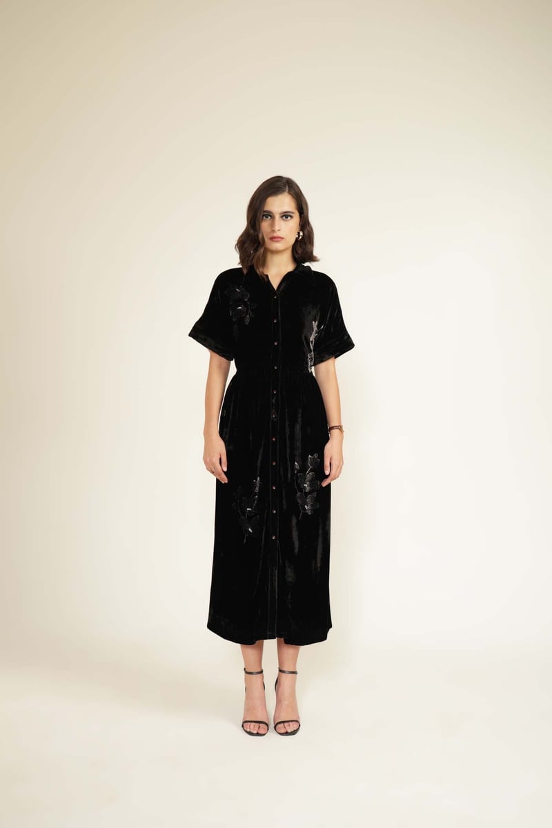 Black Silk Velvet Button-Front Midi Shirt Dress — Arcvsh Pallavi Singh