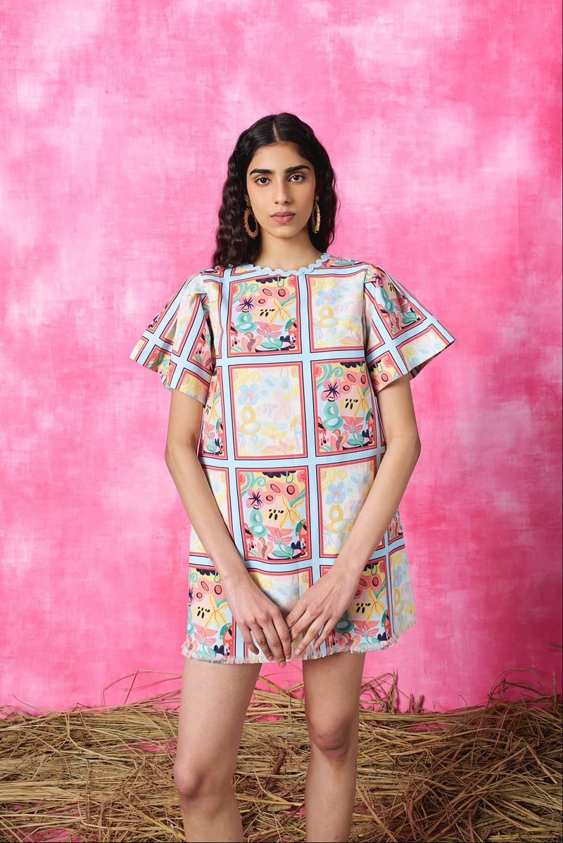 Multicolor Printed Denim Mini Shift Dress