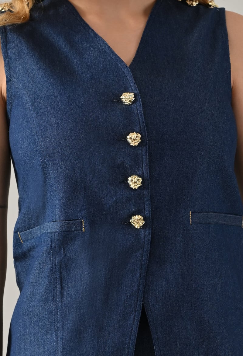 Blue Denim Waistcoat and Midi Pencil Skirt Co-ord Set