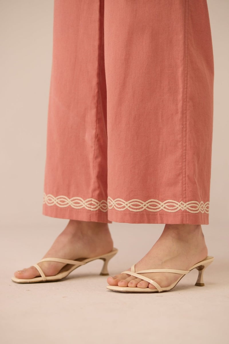 Coral Pink Cotton Linen Wide-Leg Trousers