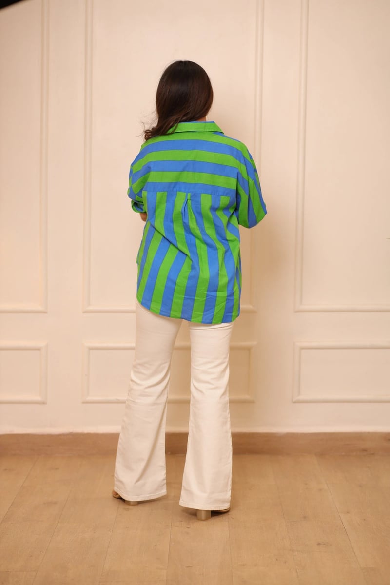 Blue/Green Striped Relaxed-Fit Cotton Shirt