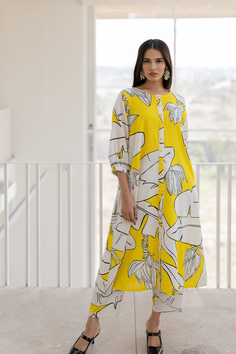 Yellow Banana Leaf Print Button-Down A-Line Kurta Set