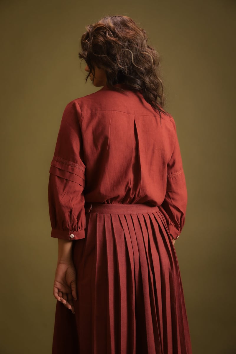 Rust Handloom Khadi Pleated Midi Skirt