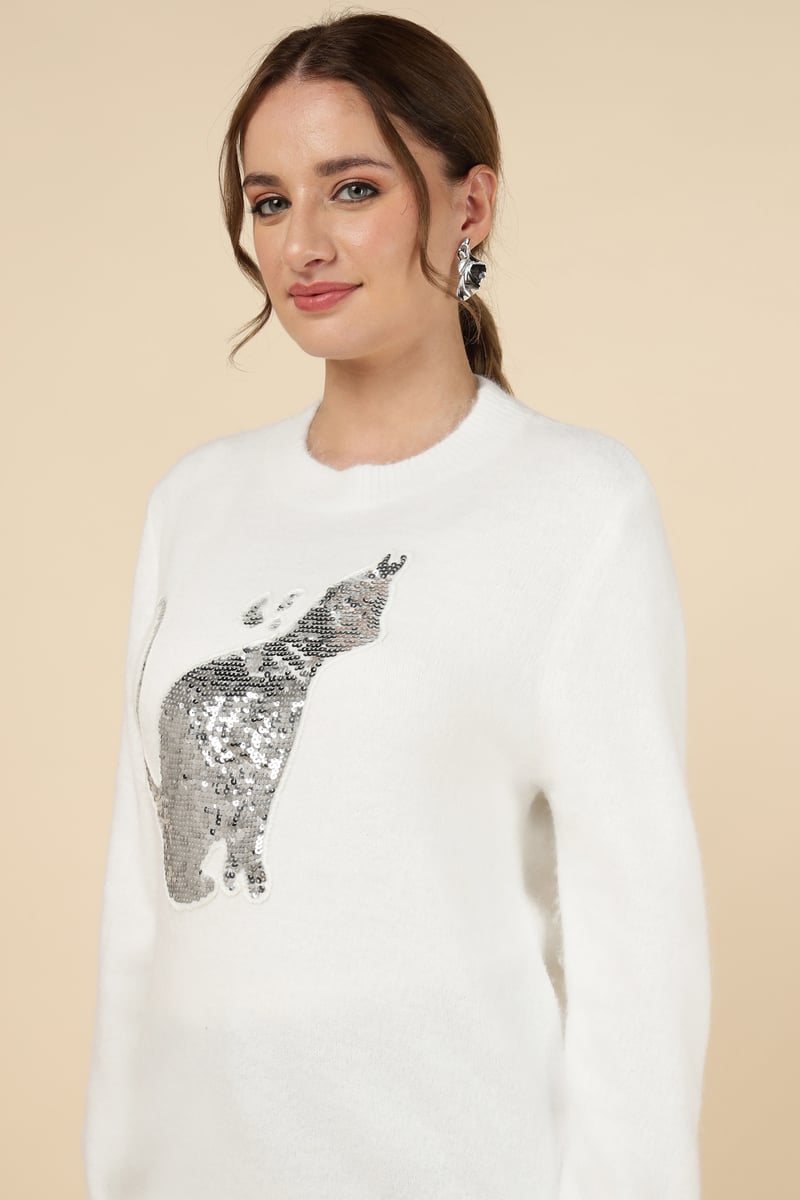 White Sequin Cat Motif Crewneck Pullover Sweater