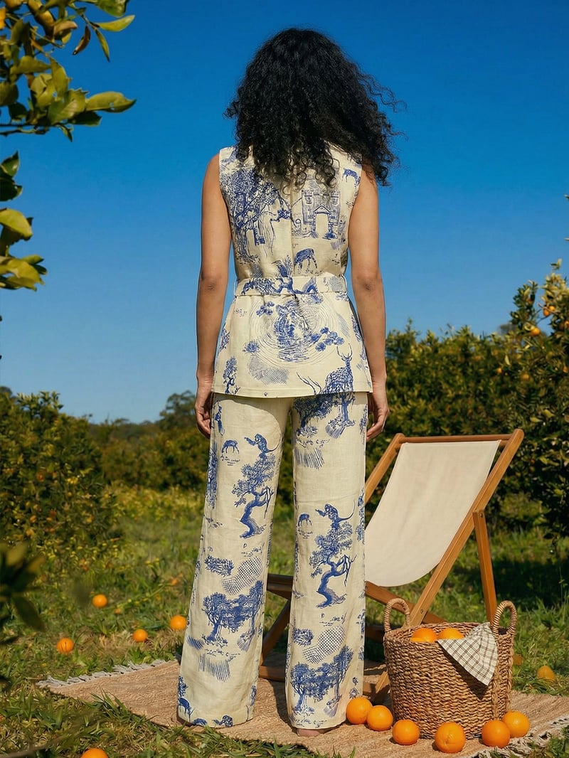 Ivory and Blue Printed Linen 3-Piece Co-ord Set