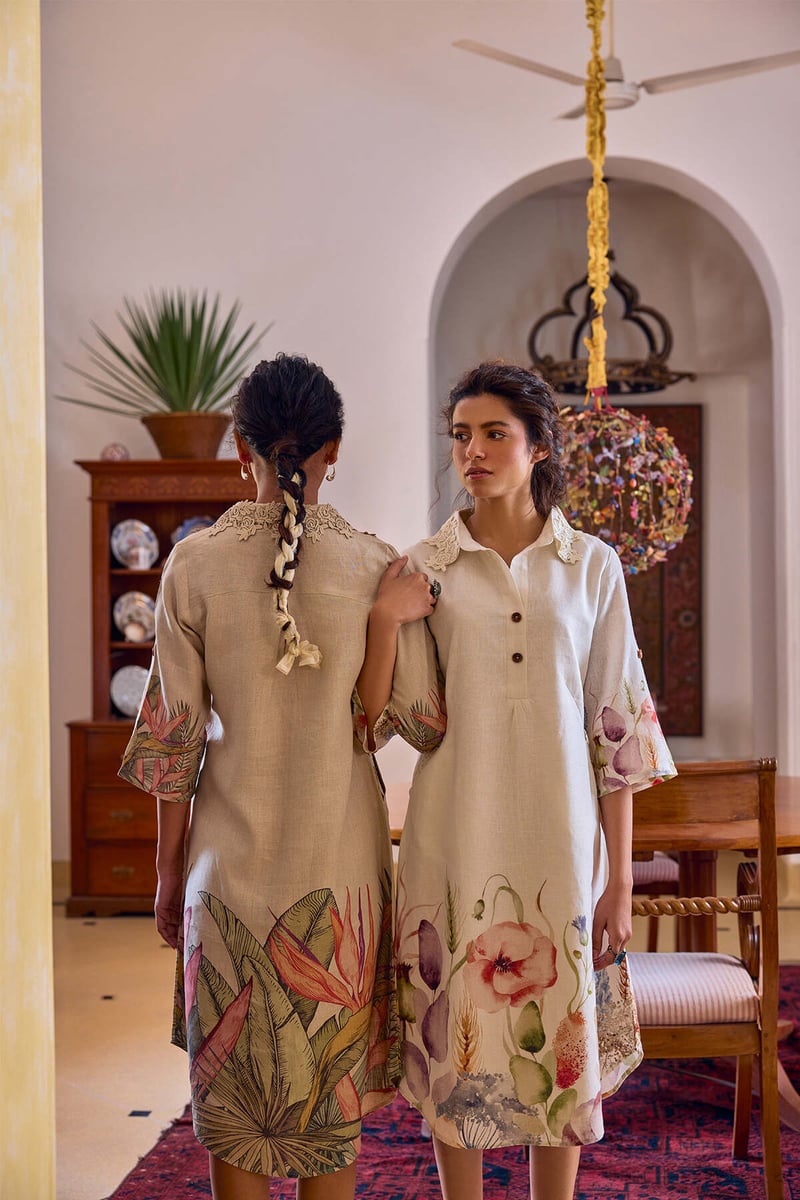 Beige Linen Tropical Print Midi Shirt Dress