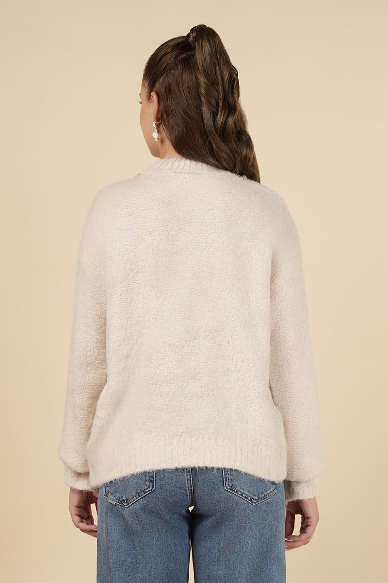 Beige Embellished Neck Pullover Sweater