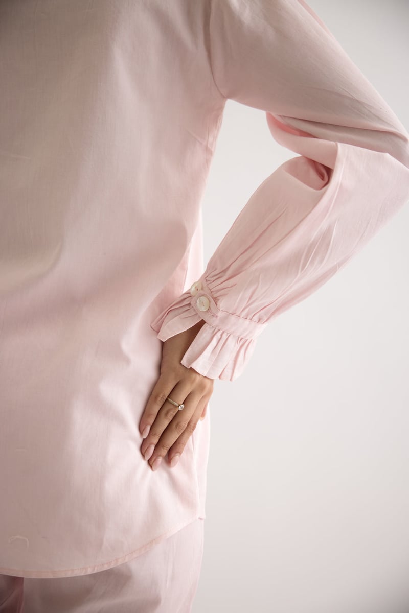 Pink Cotton Satin Shirt with Floral Statement Collar
