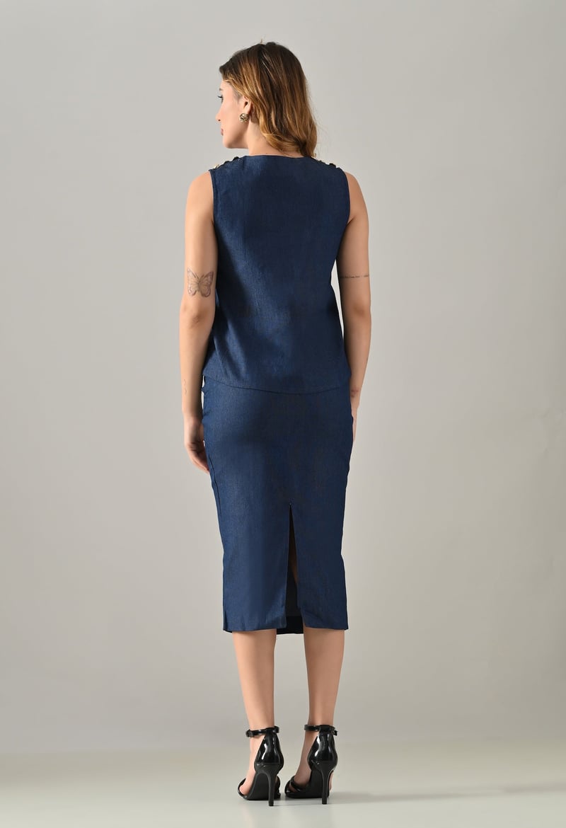 Blue Denim Waistcoat and Midi Pencil Skirt Co-ord Set