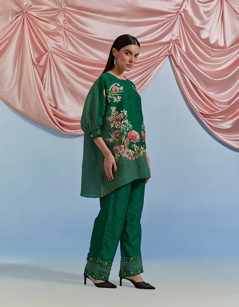 Forest Green Floral Print Kurta and Pant Co-ord Set