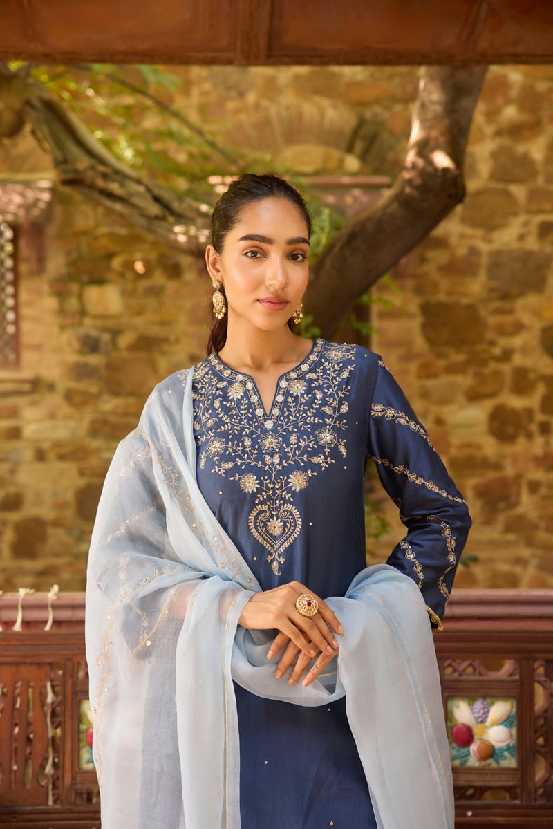 Zeenat Silk Chanderi Prussian Kurta Set