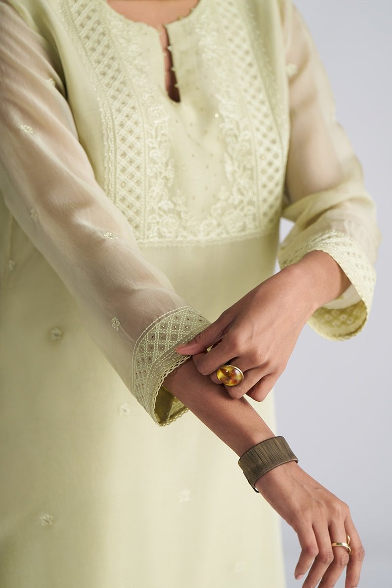 Pista Milk Sheer Kora Silk Embroidered Kurta Set