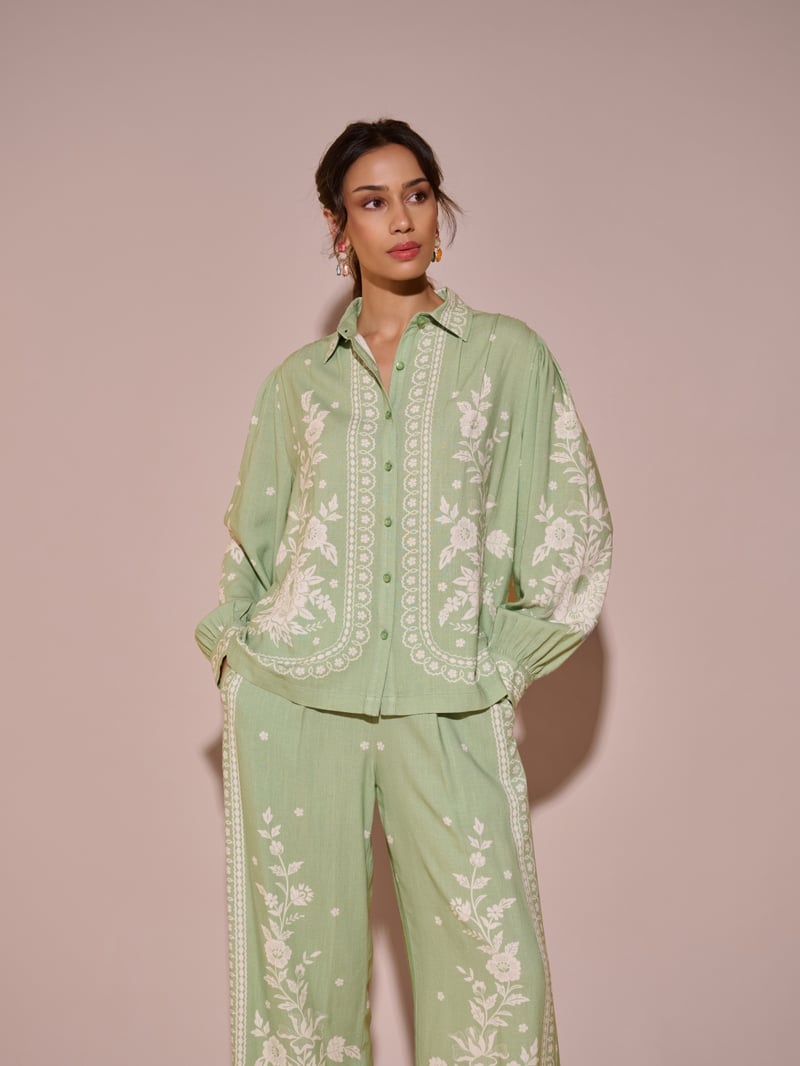 Green Floral Printed Cotton Button-Down Shirt