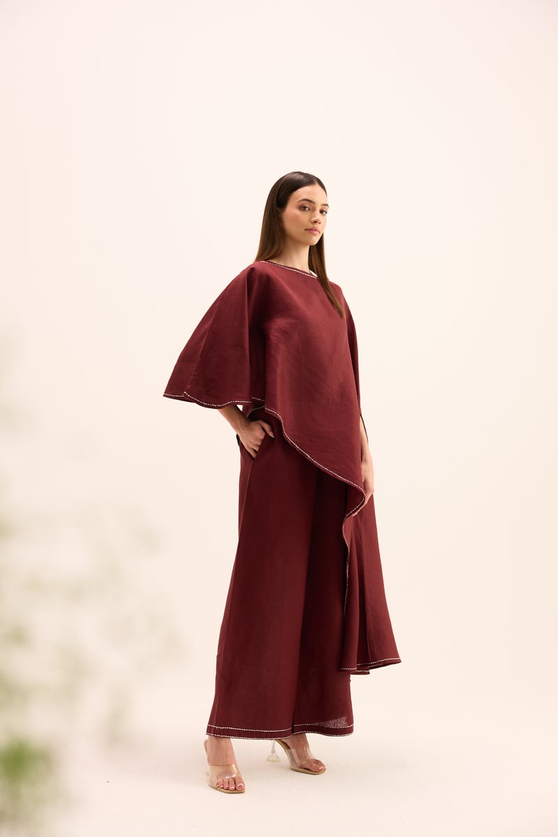 Burgundy Linen Asymmetric Cape Top and Pants Co-ord Set