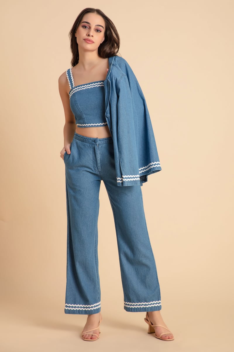 Blue Denim 3-Piece Co-ord Set with Bustier and Jacket