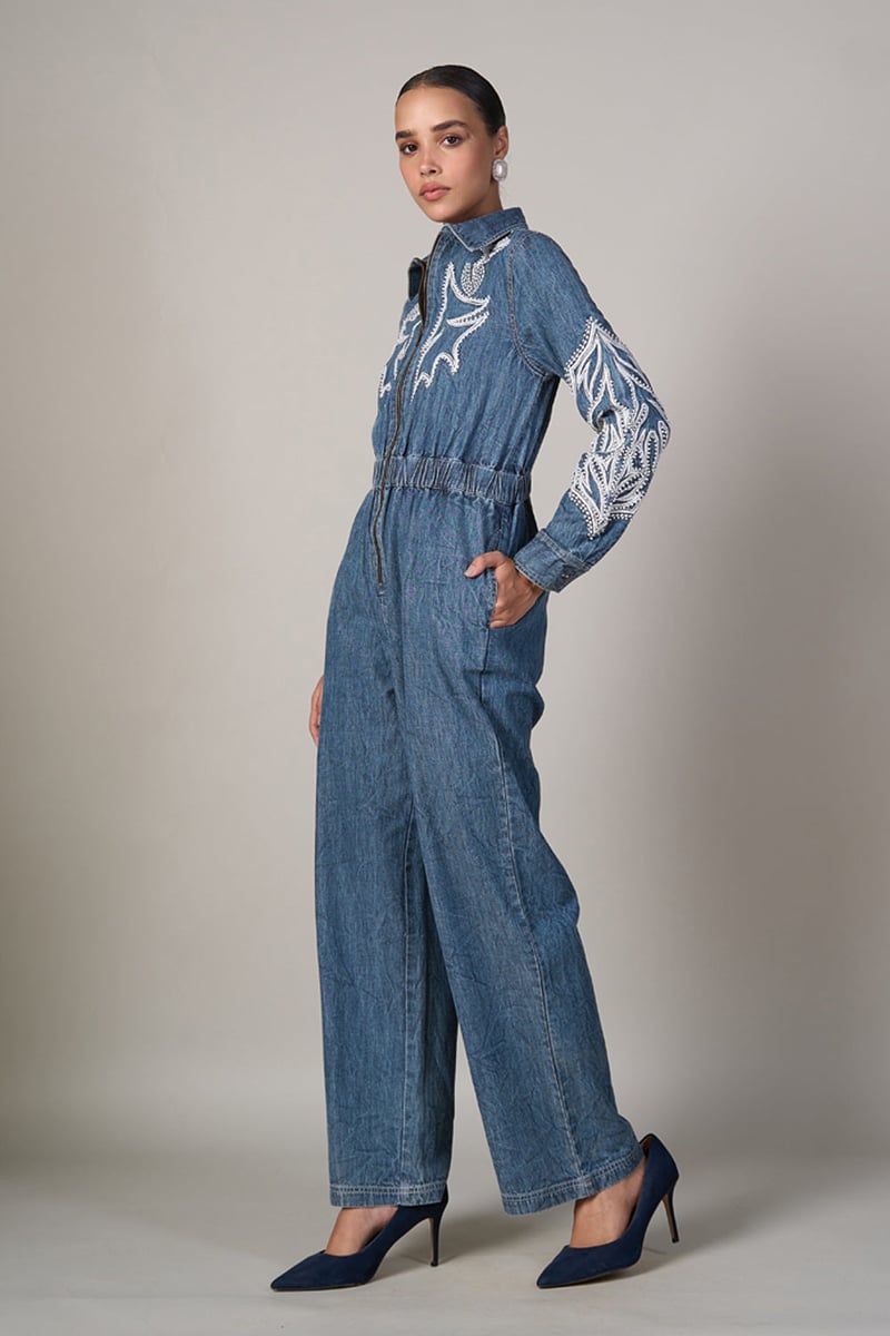 Blue Denim Zip-Front Embroidered Jumpsuit