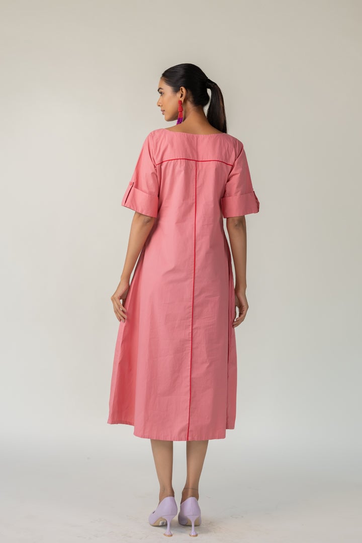 Blush Pink Poplin A-Line Midi Dress with Square Neck