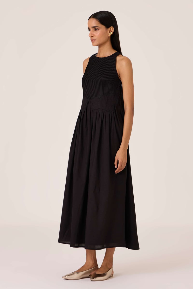 Black Pintuck Bodice Embroidered Maxi Dress