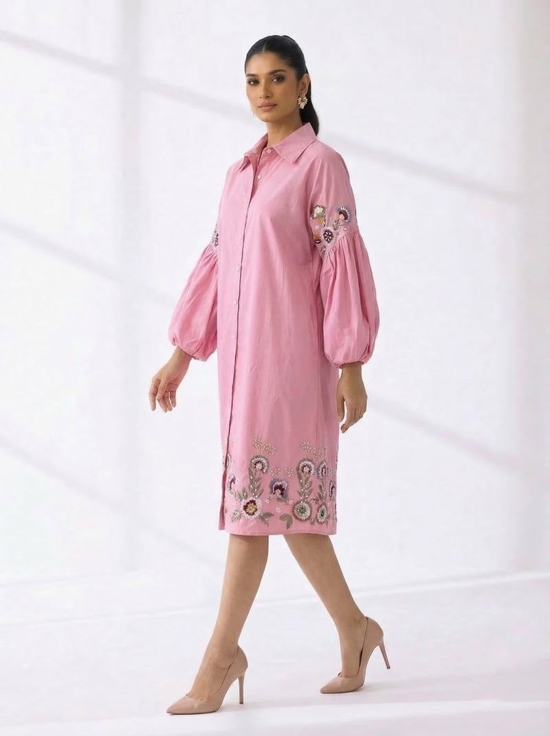 Powder Pink Embroidered Midi Shirt Dress