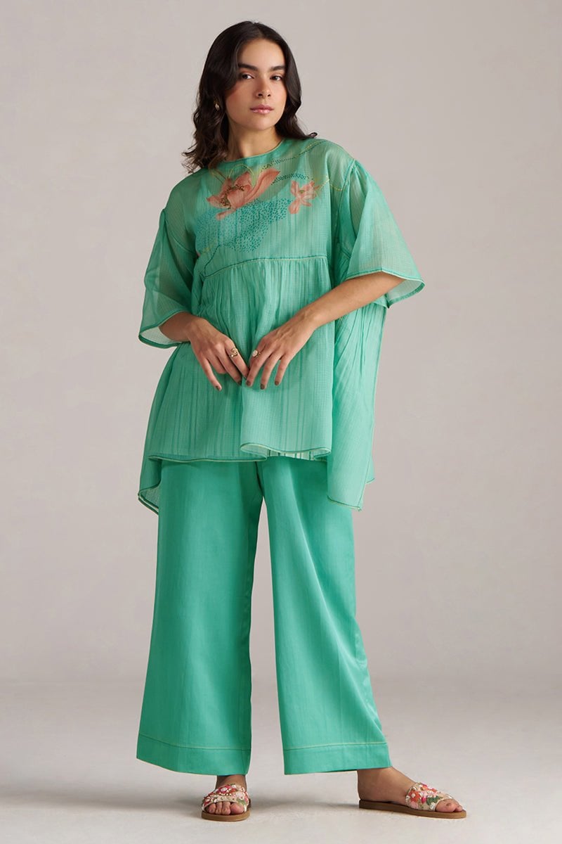 Bright Aqua Kota Silk Co-ord Set with Wide-Leg Pants
