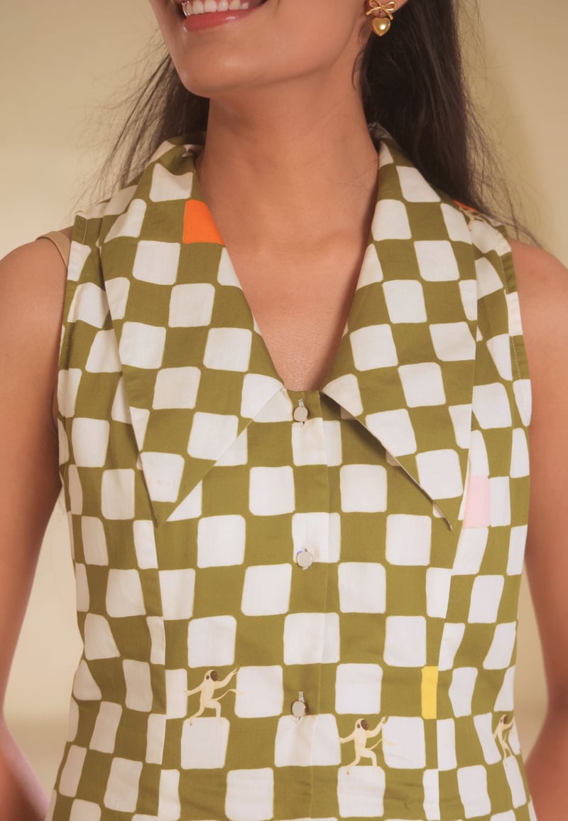 Green/White Checked Collared Button-Down Mini Dress