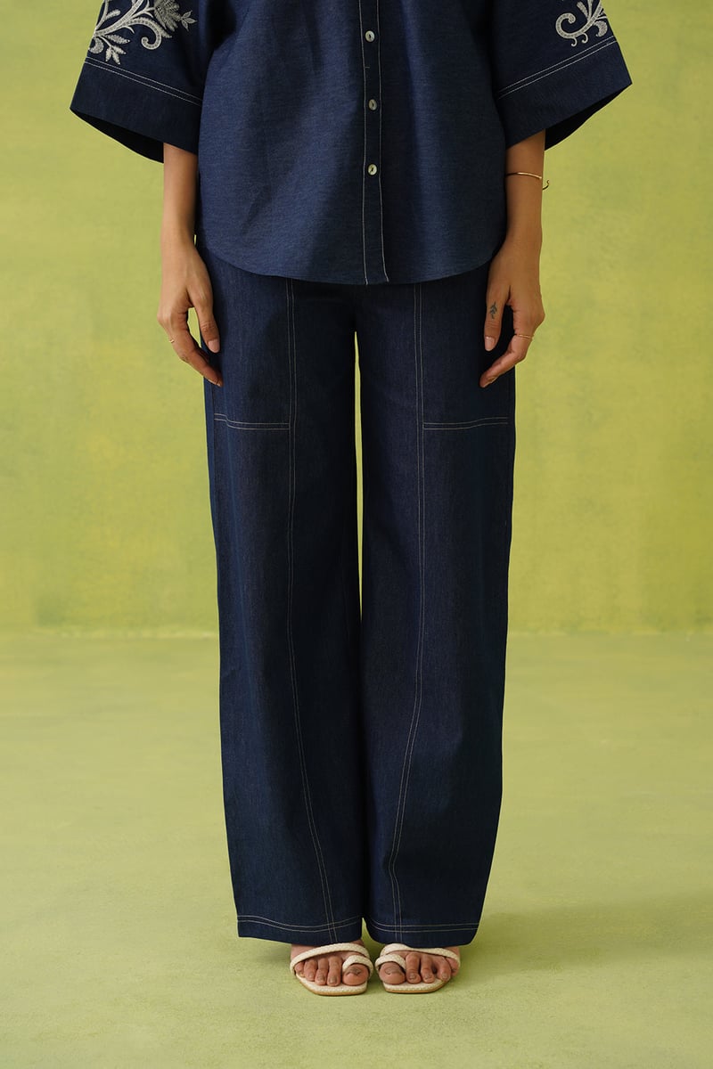 Denim Blue Embroidered Shirt and Wide-Leg Co-ord Set