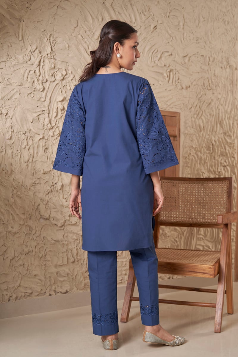 Deep Blue Straight Kurta Set with Embroidery and Cutwork