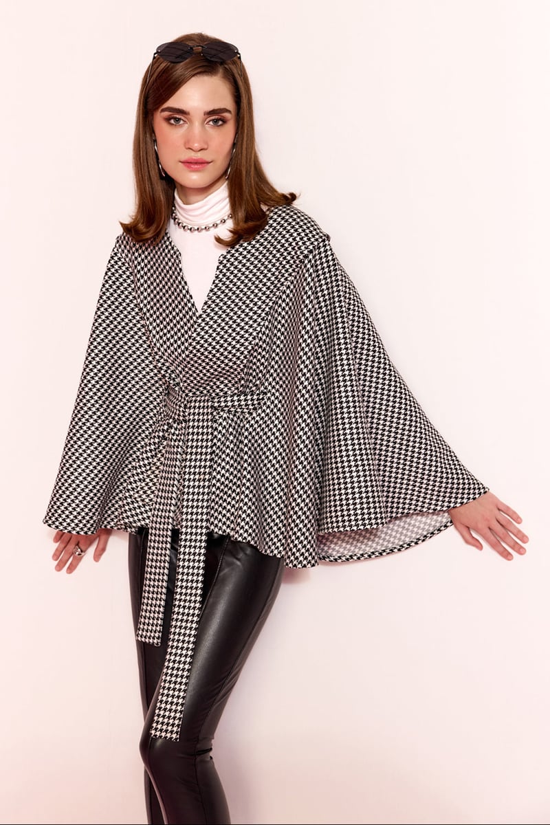 Black/White Herringbone Tweed Belted Cape