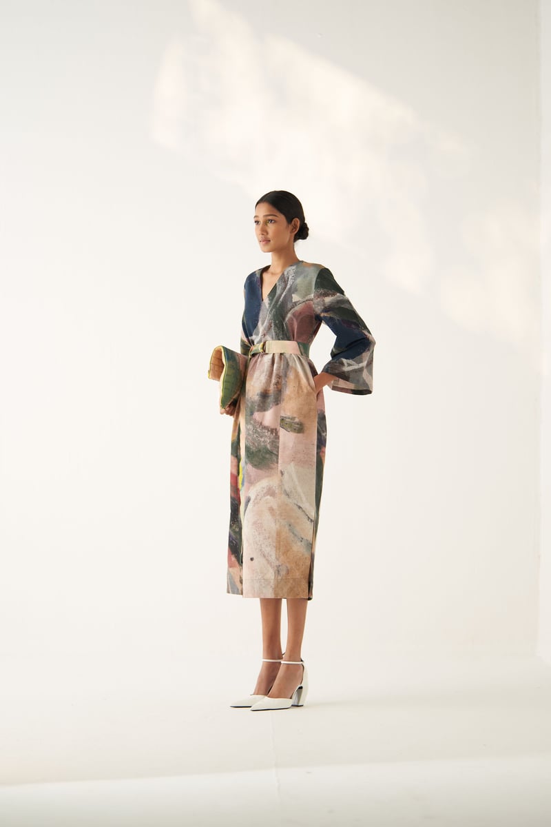Multicolor Abstract Print Cotton Poplin Midi Dress