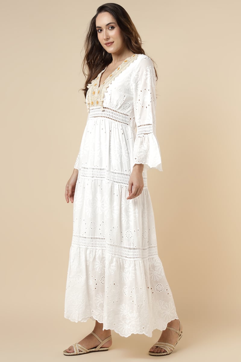 Ekru Tiered Cutwork Maxi Dress with Embellished V-Neck
