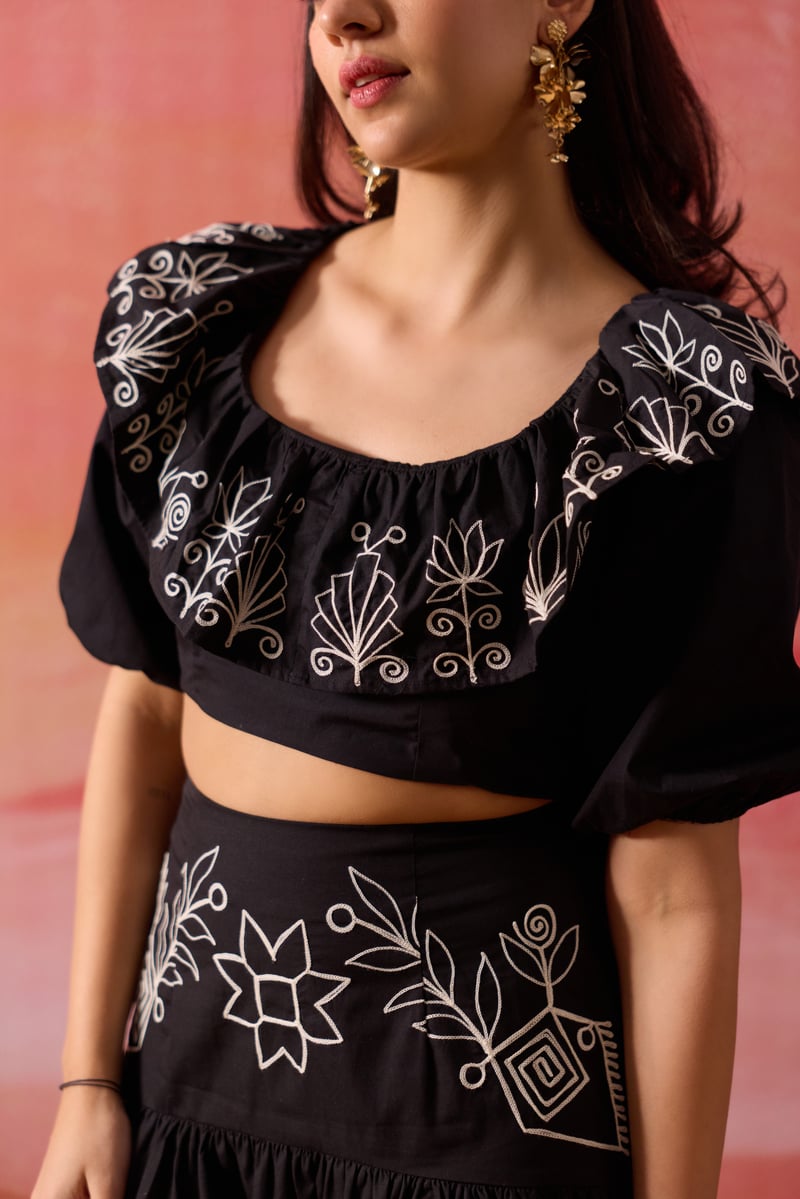 Black Embroidered Cropped Blouse and Midi Skirt Co-ord Set