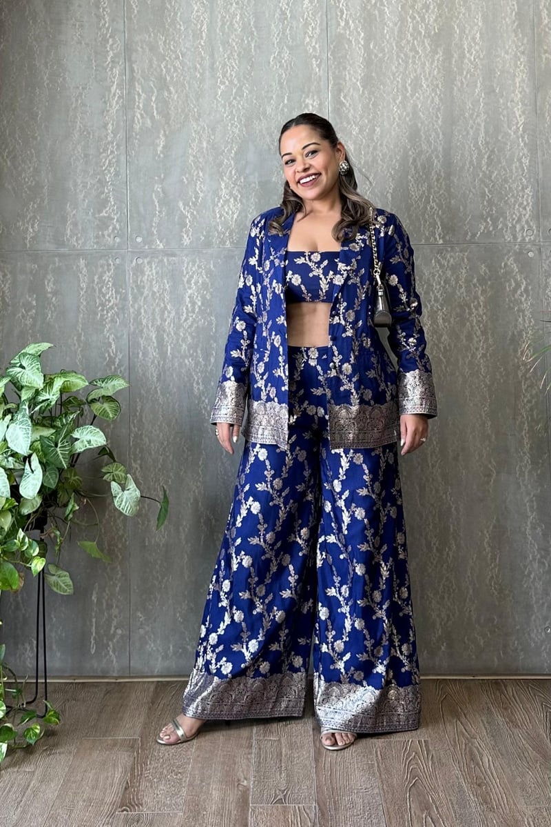 Royal Blue Brocade 3-Piece Co-ord Set