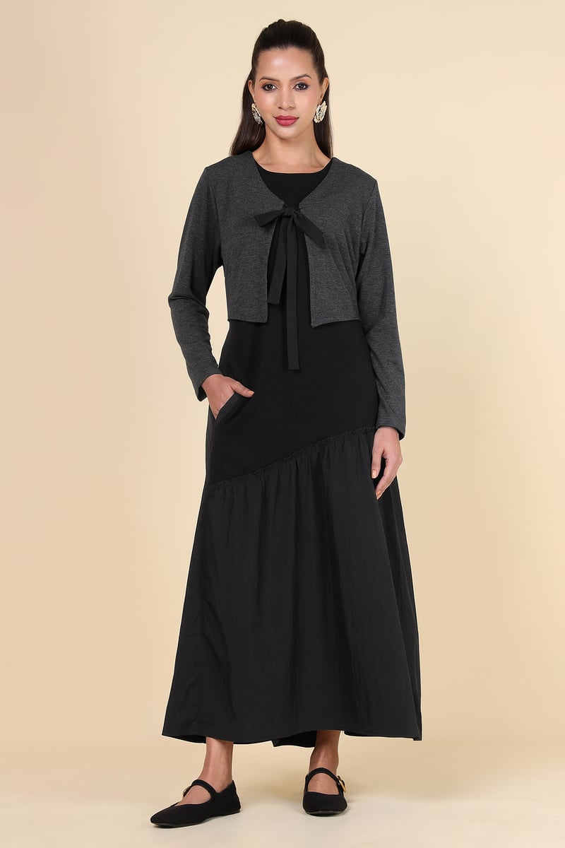 Black and Grey Layered-Look V-Neck Maxi Dress