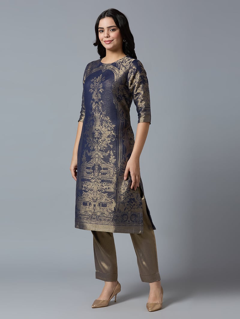 Navy/Gold Brocade Straight Kurta with 3/4 Sleeves