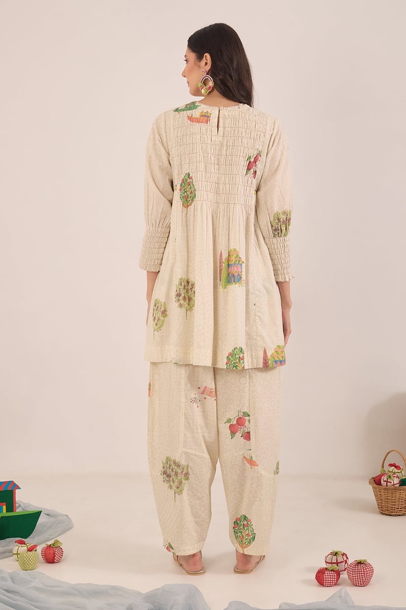 Cream Printed Cotton Tunic and Straight Pants Co-ord Set