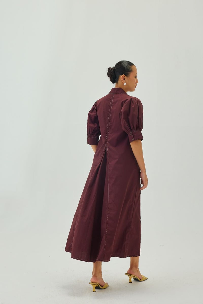 Maroon Poplin A-Line Midi Dress with Puff Sleeves
