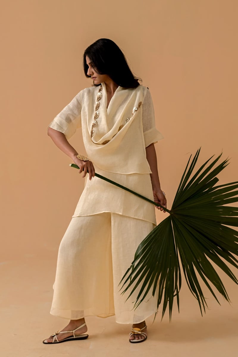 Cream Gauze Linen Cape and Palazzo Co-ord Set