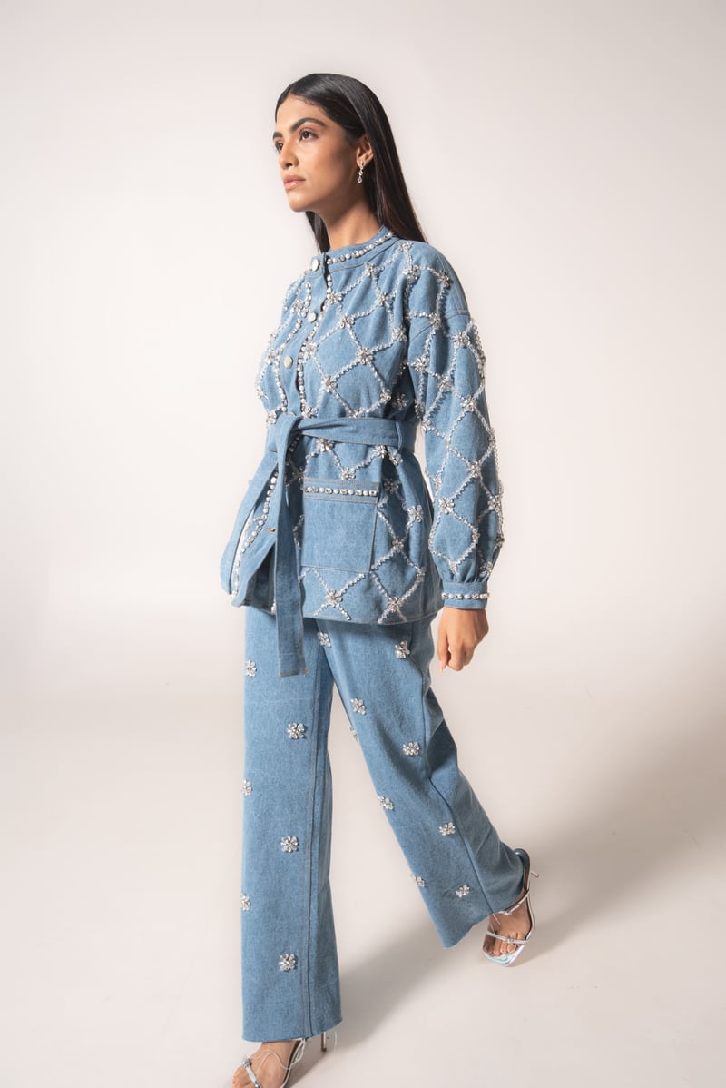 Light Blue Crystal Embellished High-Rise Flared Jeans