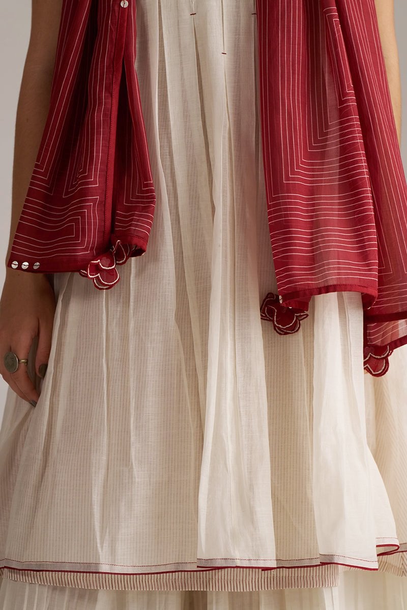 Ivory and Maroon Pure Chanderi A-Line Kurta Set