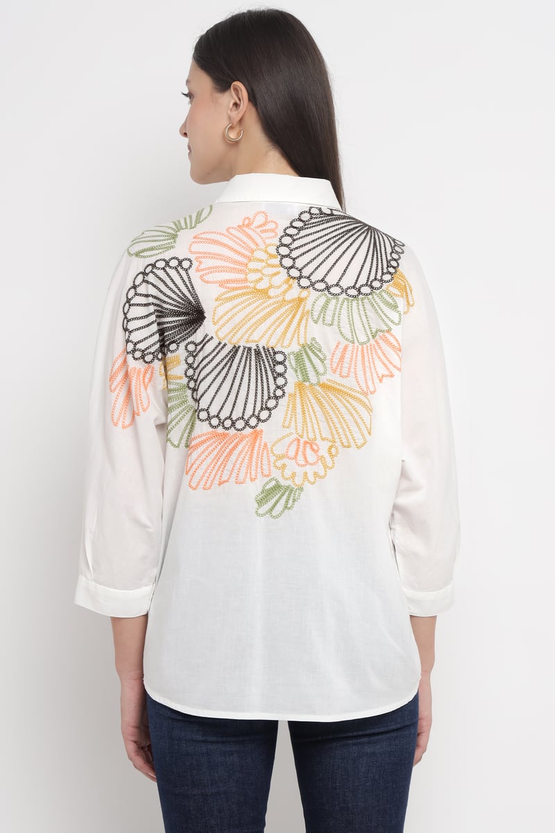 White Cotton Shirt with Leaf Embroidery