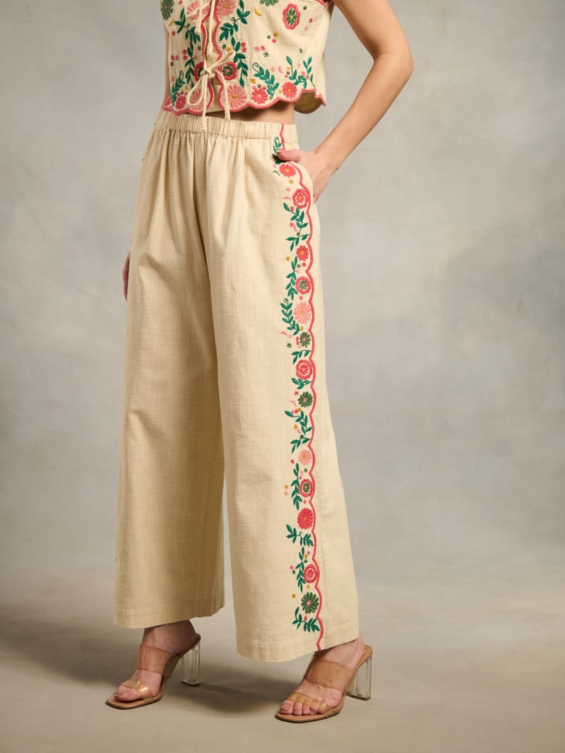 Pink Cotton Wide-Leg Embroidered Pants
