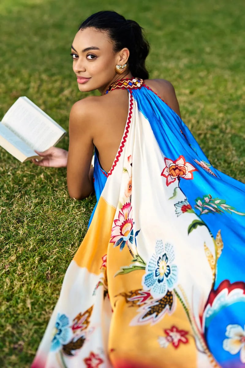 Multicolour Satin Halter Neck Floral Midi Dress