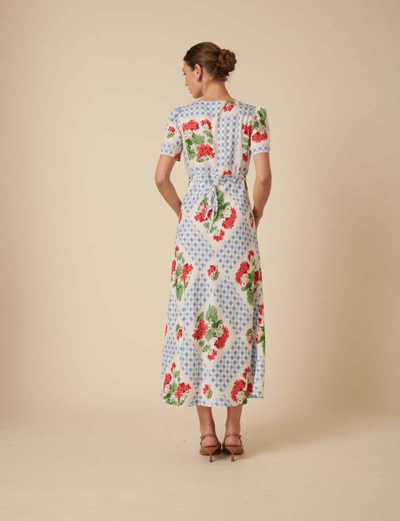 Blue Tile Print Floral V-Neck Midi Dress