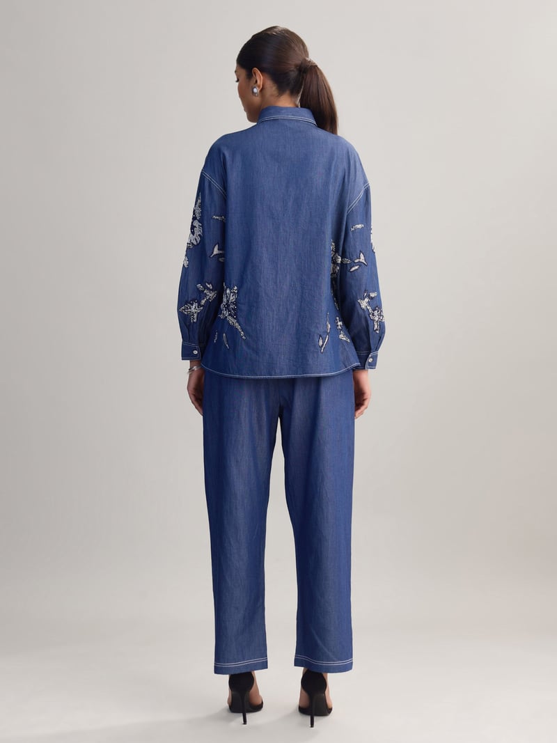 Blue Embellished Denim Shirt and Wide-Leg Pants Co-ord Set