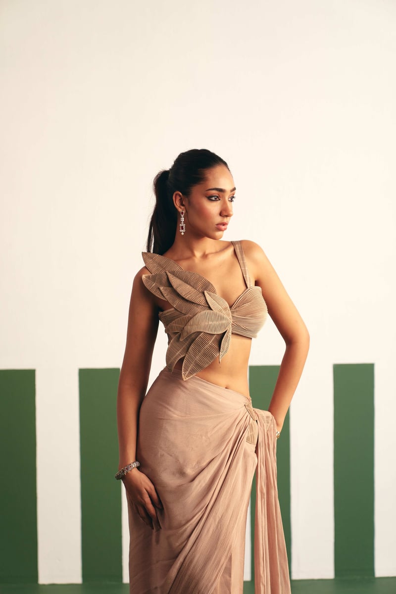 Rose Beige Pre-Stitched Saree with 3D Leaf Blouse