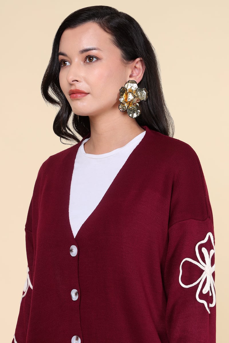 Burgundy Knit Cardigan and Wide-Leg Pants Co-ord Set