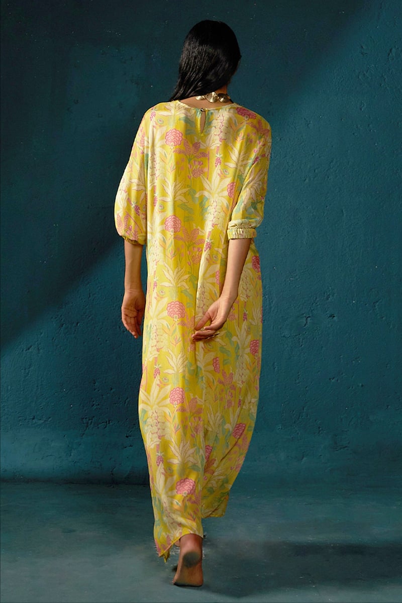 Yellow Floral Printed Long Kaftan with Embellished V-Neck
