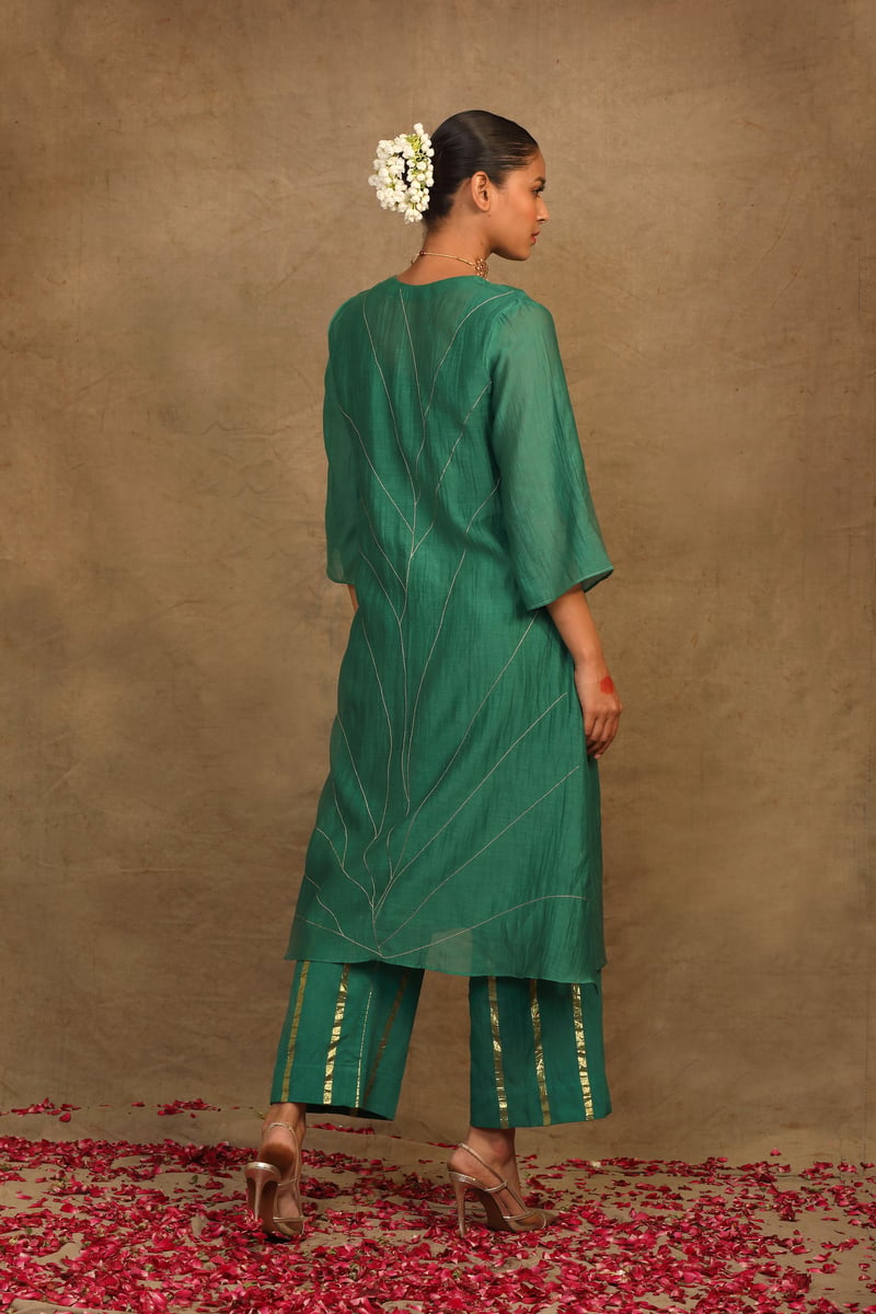 Emerald Green Mirror Work Silk Chanderi Kurta Set