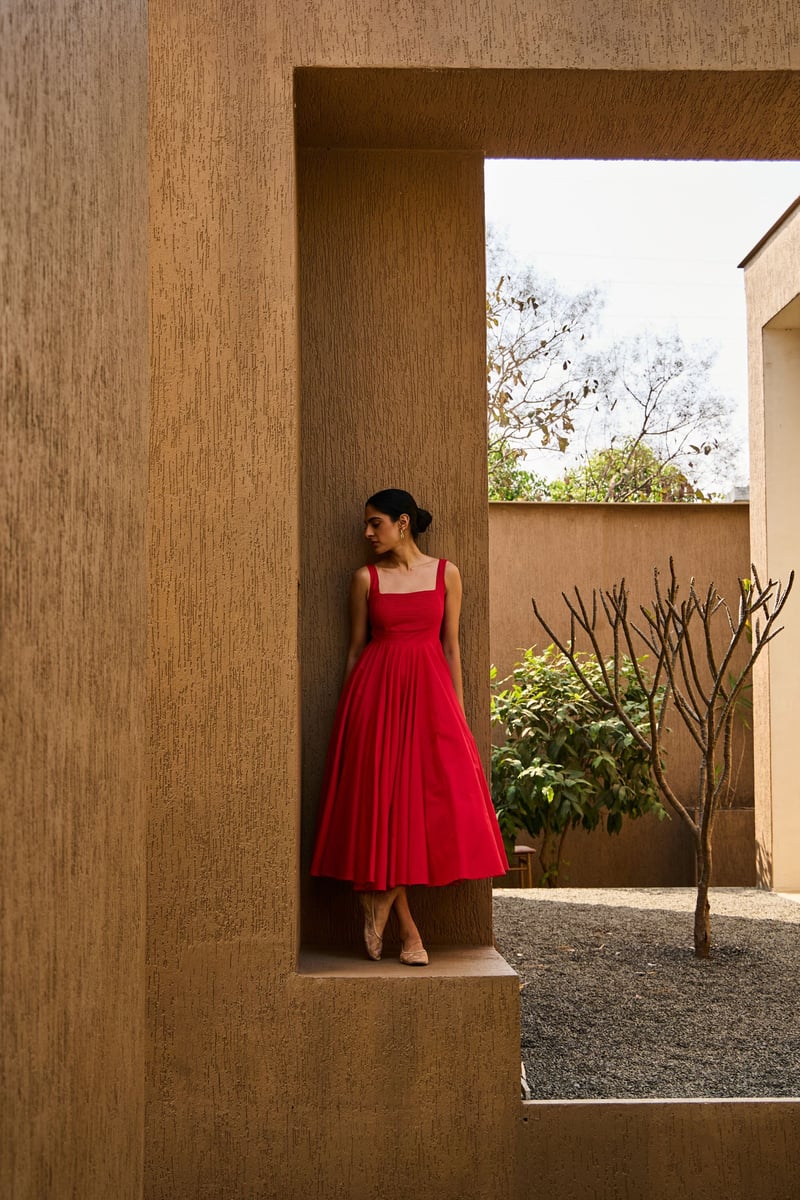 Red Cotton Cambric Fit and Flare Square Neck Midi Dress